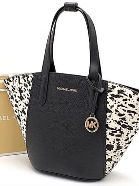 Michael Kors Black with White/Black Printed Side Panel Leather Tote